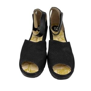 FLY LONDON Black Perforated Leather Wedge Sandals Women EU 38 US 7.5